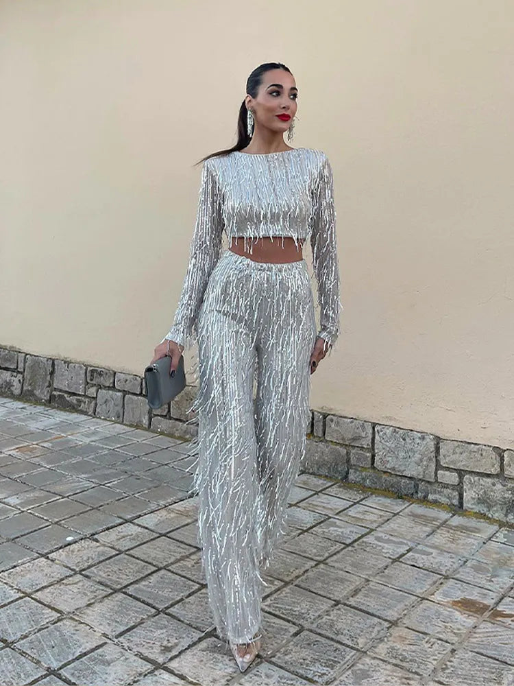Glitter Pailletten Vrouwen Tweedelige Set Met High Waist Broek