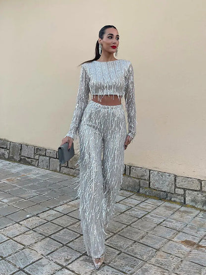 Glitter Pailletten Vrouwen Tweedelige Set Met High Waist Broek