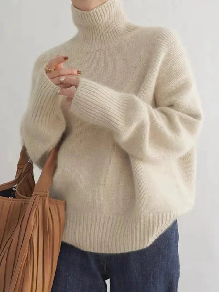 Pull col roulé tricoté chaud pour femme avec coupe oversize