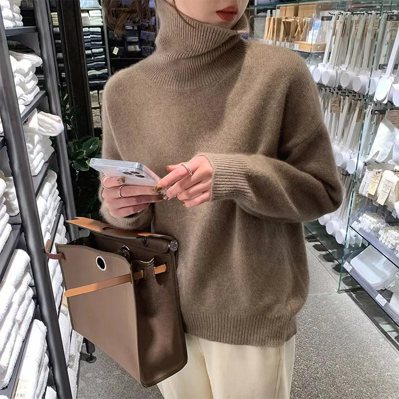 Pull col roulé tricoté chaud pour femme avec coupe oversize