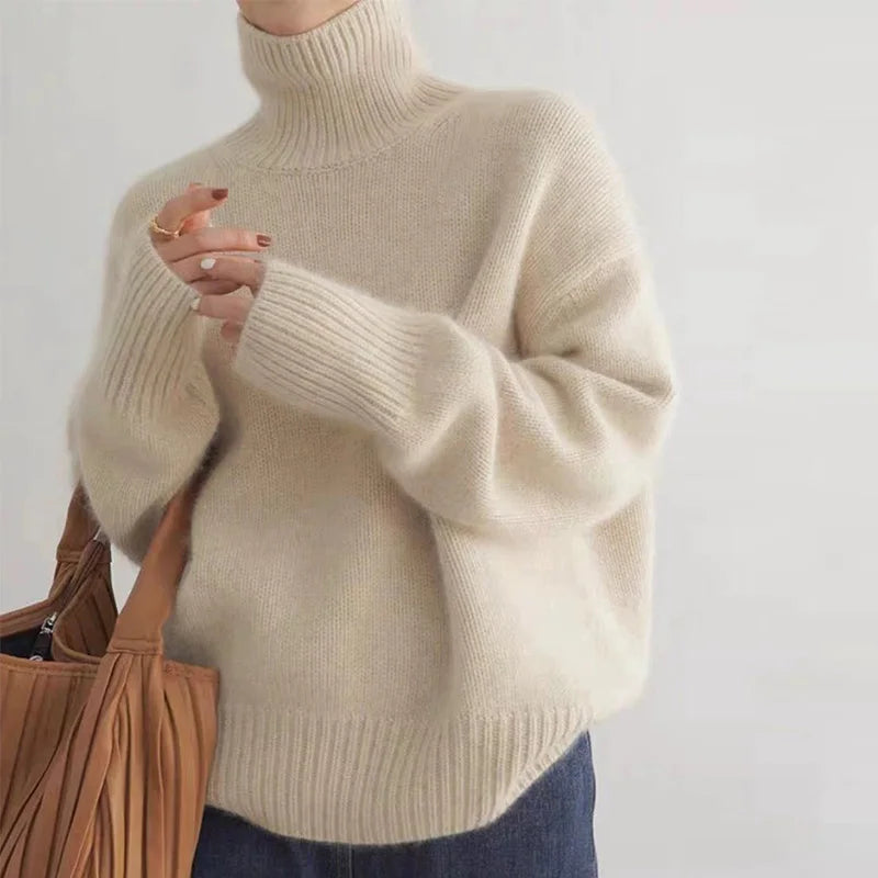 Pull col roulé tricoté chaud pour femme avec coupe oversize