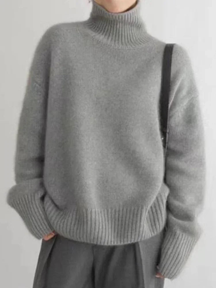 Pull col roulé tricoté chaud pour femme avec coupe oversize