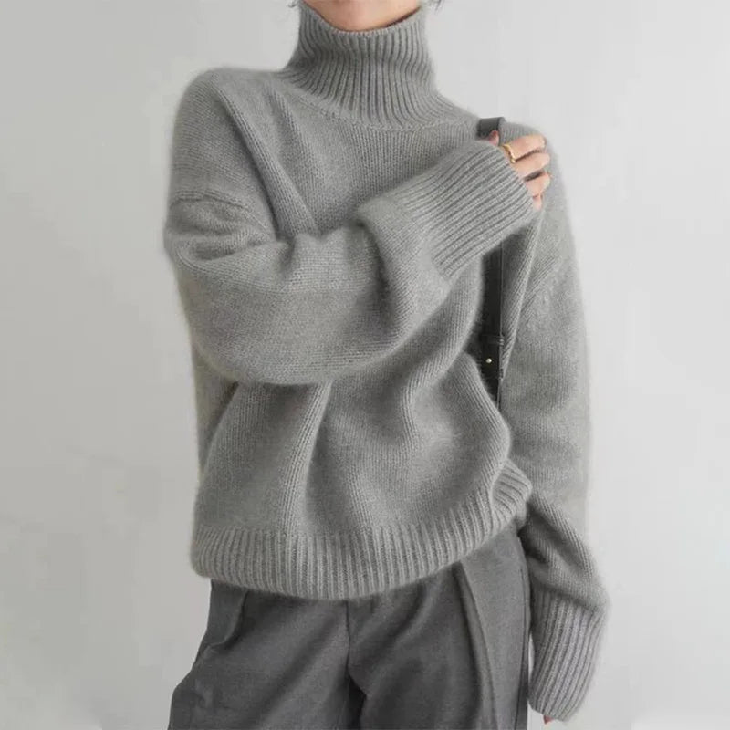 Pull col roulé tricoté chaud pour femme avec coupe oversize