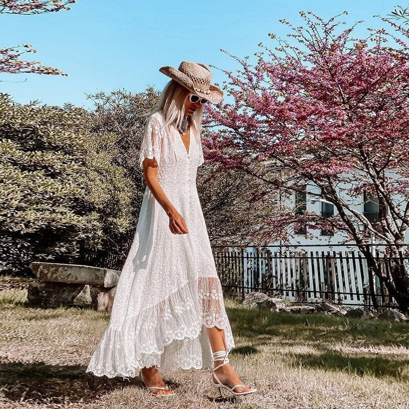 Witte Dames Zomerse Maxi Jurk Met Kant En V Hals