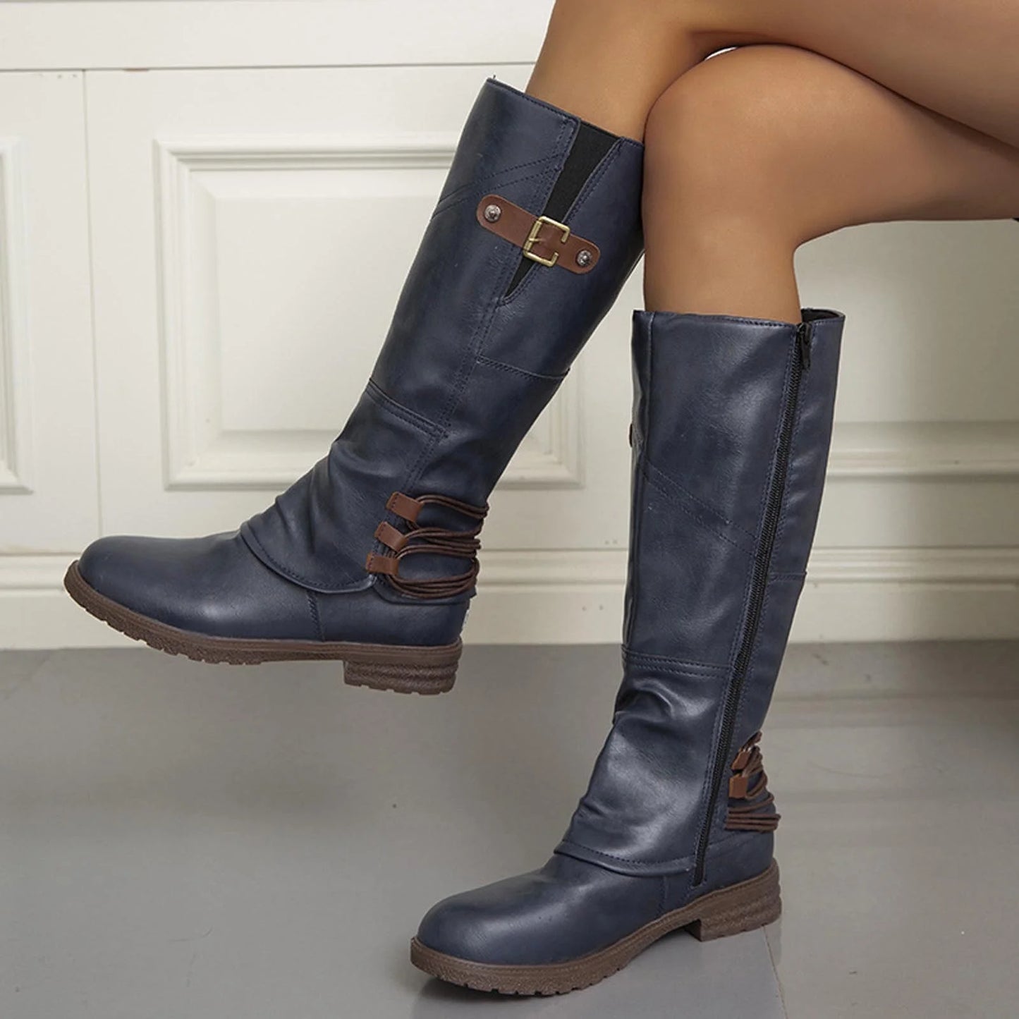 Dames Elegante Comfortabele Knielaarzen Met Gesp En Rits