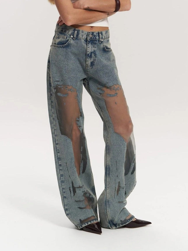 Jean transparent pour femmes taille haute avec jambes droites