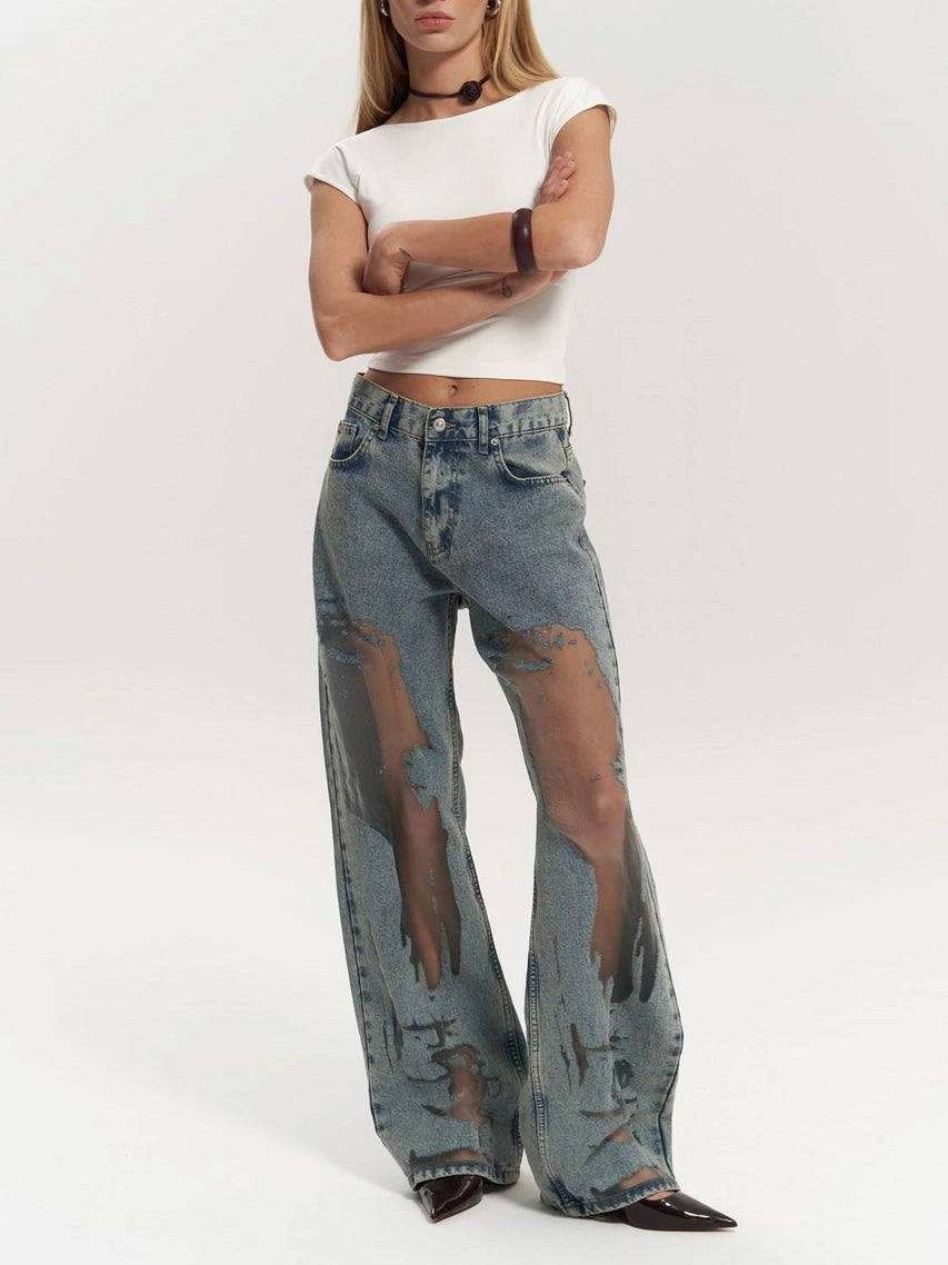 Jean transparent pour femmes taille haute avec jambes droites