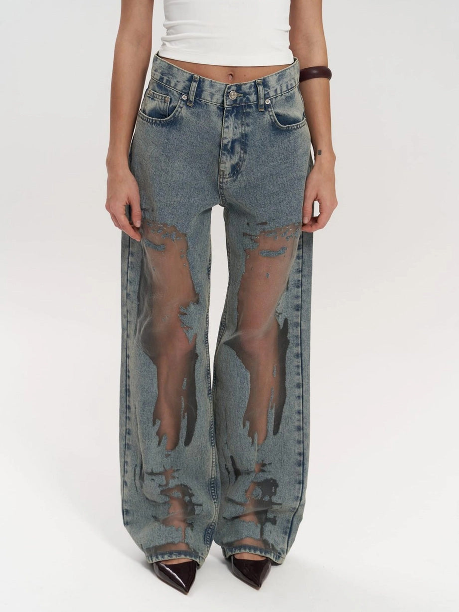 Jean transparent pour femmes taille haute avec jambes droites