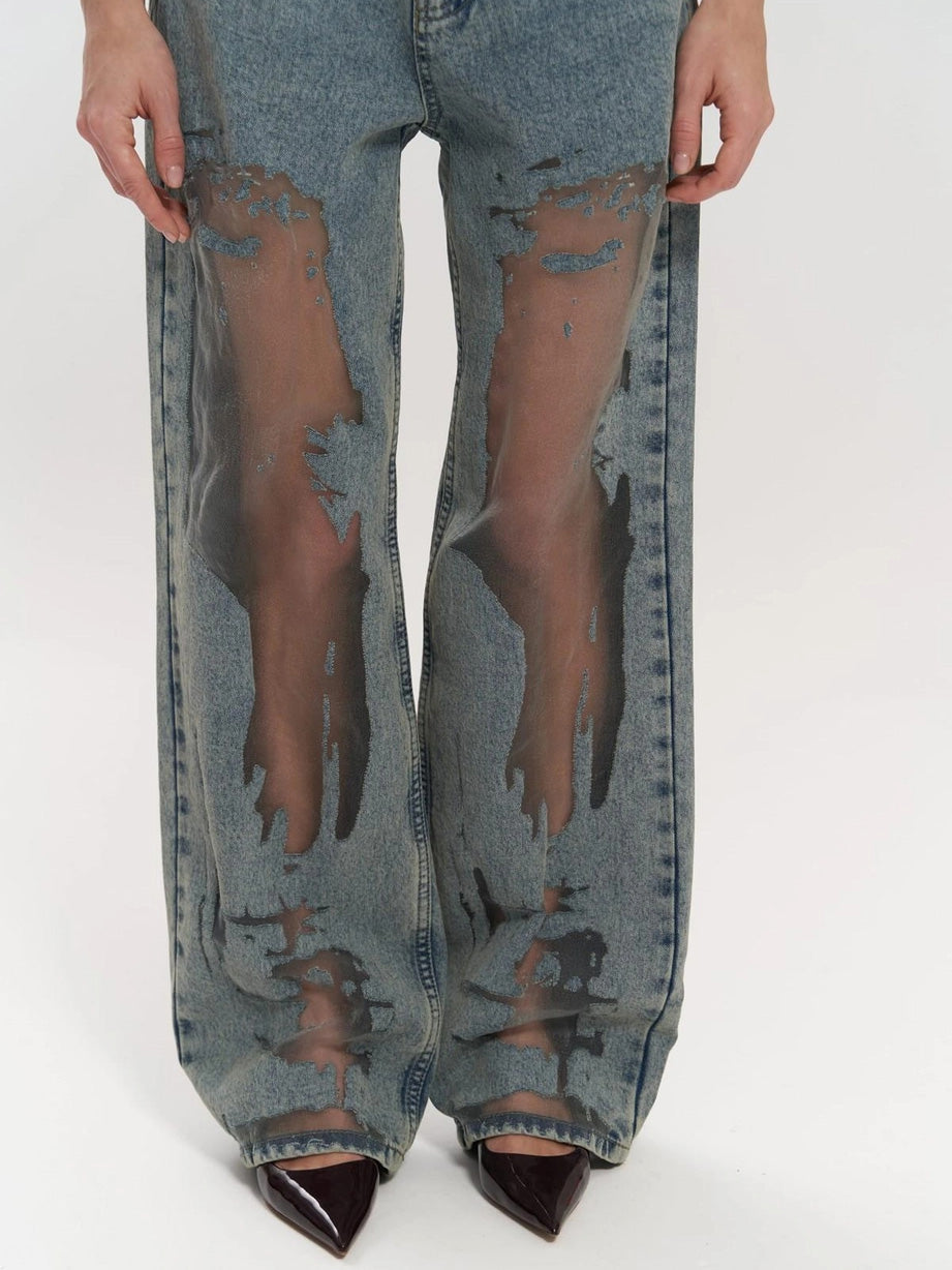 Jean transparent pour femmes taille haute avec jambes droites
