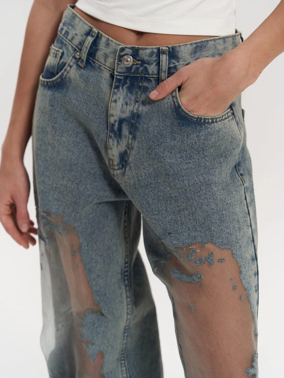 Jean transparent pour femmes taille haute avec jambes droites