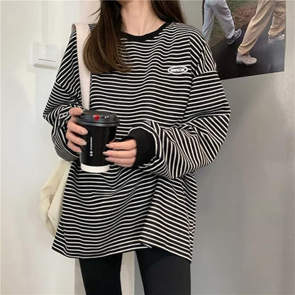 Gestreepte Oversized Sweater voor Vrouwen Longsleeve Ronde Hals