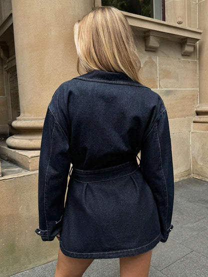 Lange Denim Jas met Ceintuur en Zakken voor Dames