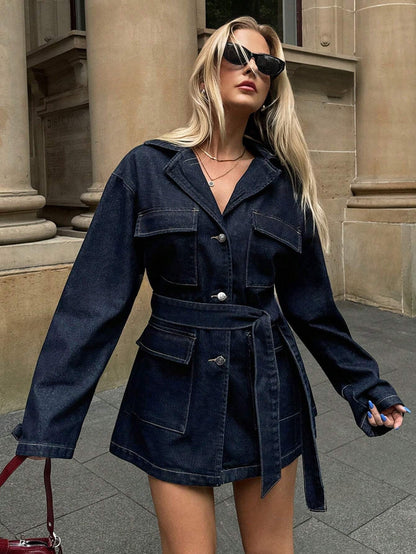 Lange Denim Jas met Ceintuur en Zakken voor Dames