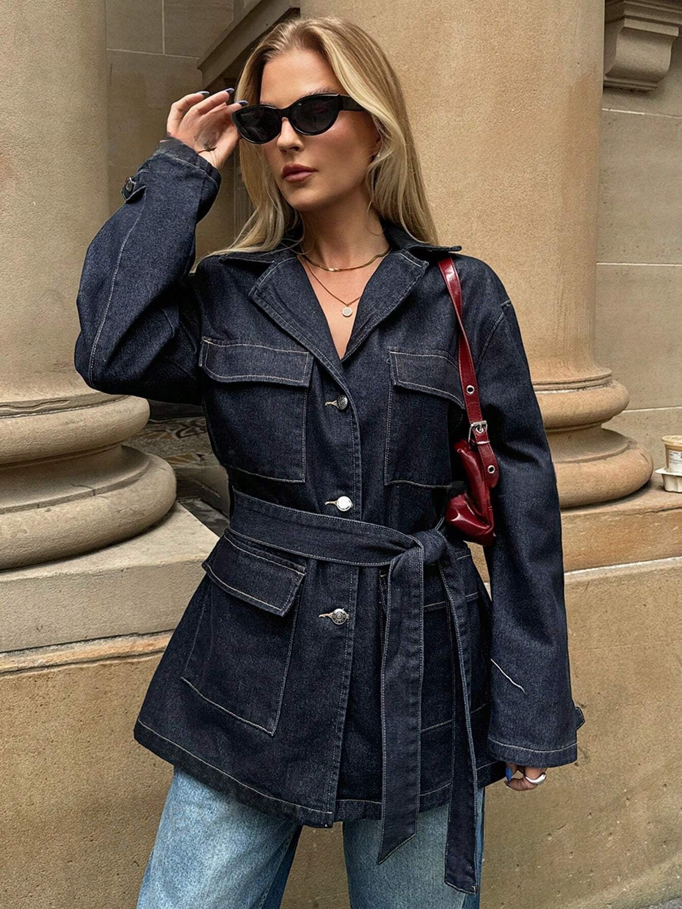 Lange Denim Jas met Ceintuur en Zakken voor Dames