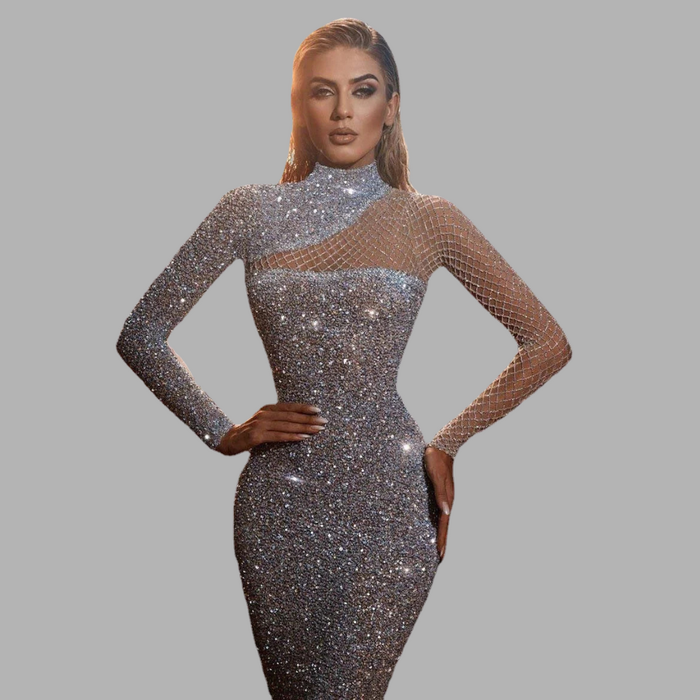 Glitterende Dames Gala Maxi Jurk Met Hoge Hals En Lange Mouwen