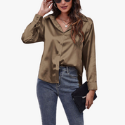 Satijn Look Button Up Blouse Met Lange Mouwen Voor Vrouwen