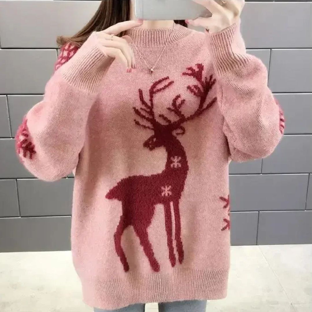 Gebreide Kersttrui met Rendier voor Dames Warm en Zacht – Roze