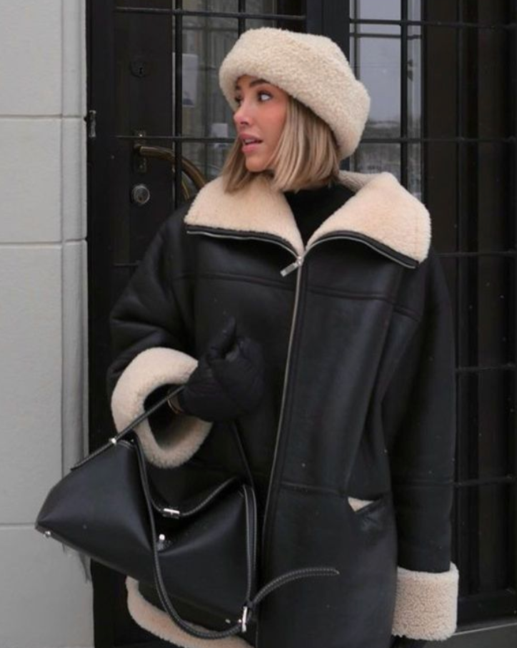 Leather Look Gevoerde Teddy Winterjas Dames