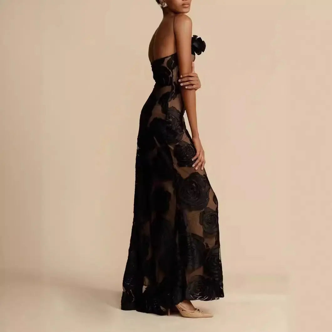 Elegante Maxi Party Dress voor Dames met One-Shoulder en Bloemenapplicatie