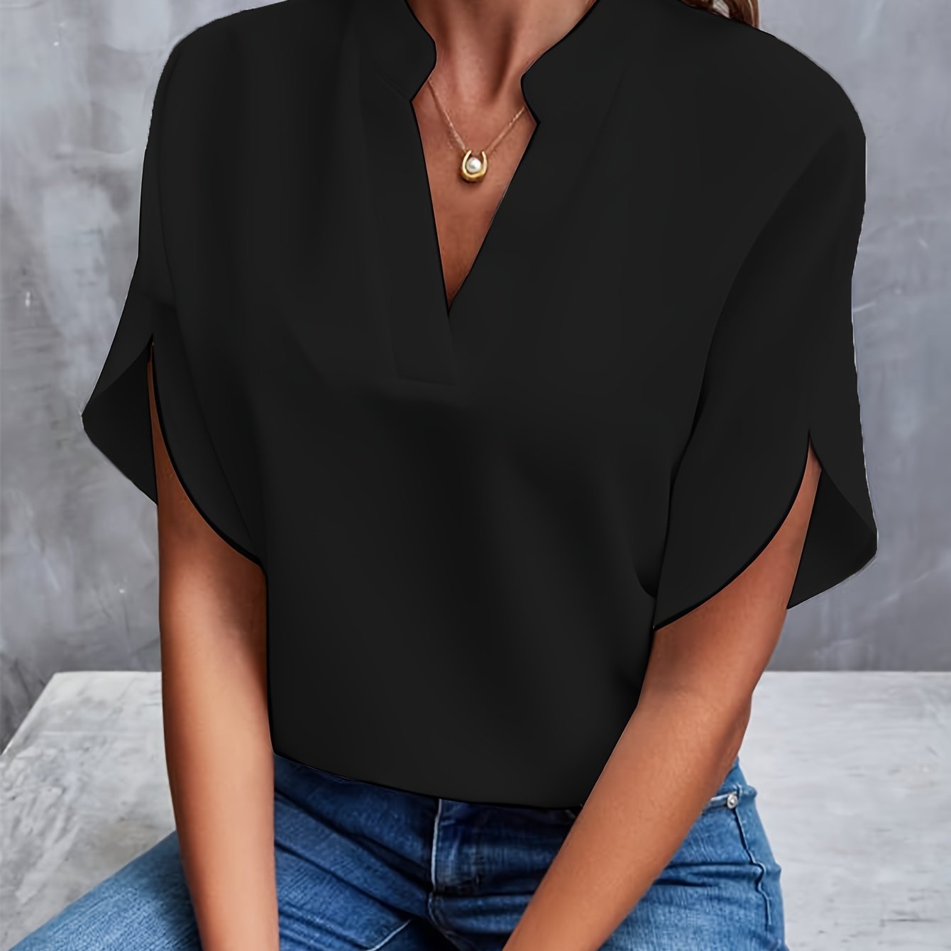 Women's Elegant Blouse with V-Neck and Short Sleeves