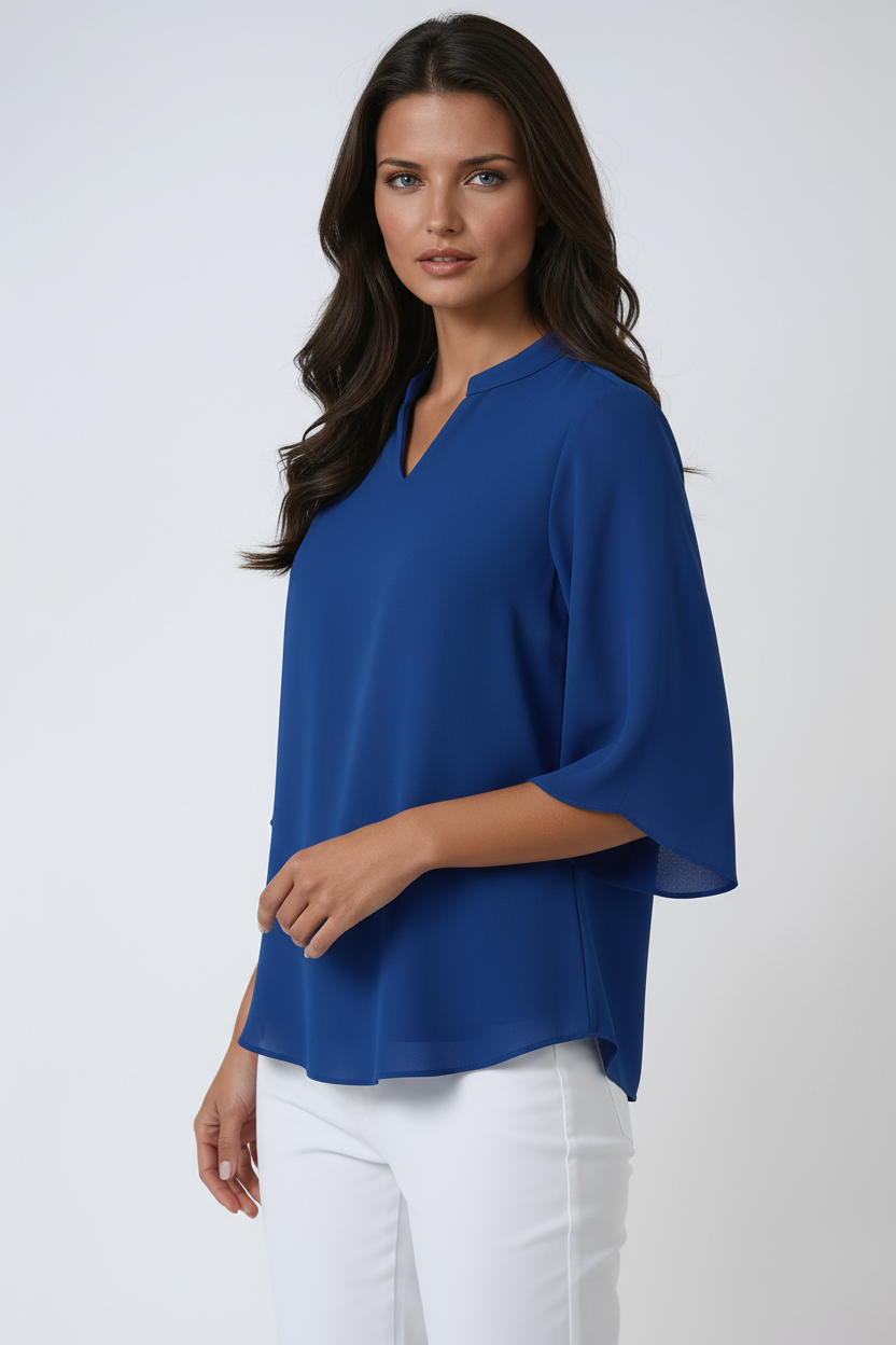 Luchtige Losvallende Blouse Dames met Splitnek en Driekwartmouwen