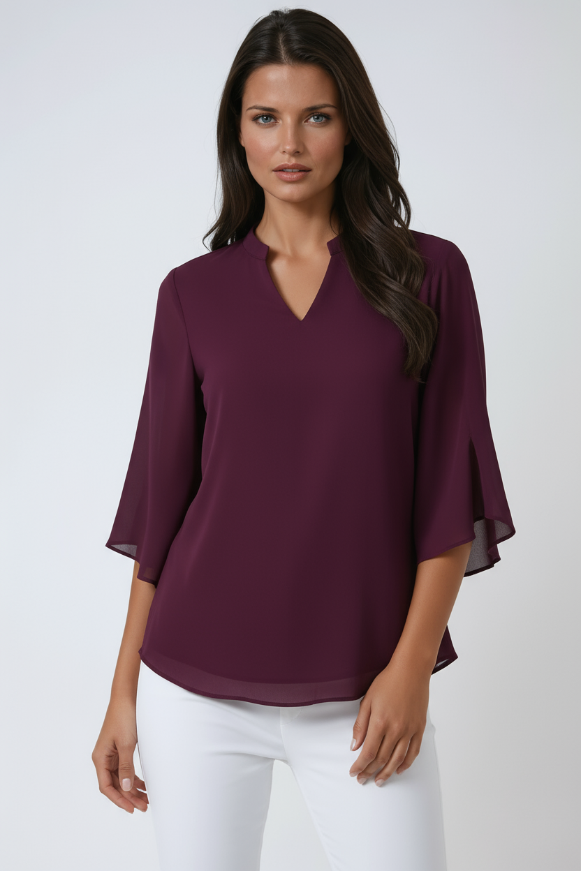 Luchtige Losvallende Blouse Dames met Splitnek en Driekwartmouwen