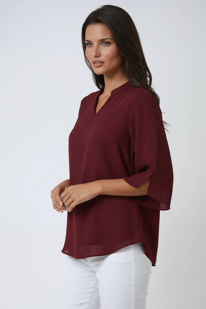 Luchtige Losvallende Blouse Dames met Splitnek en Driekwartmouwen