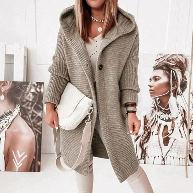 Women's Midi Winter Coat with Hood and Button Closure