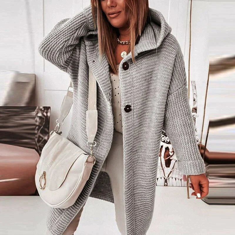 Women's Midi Winter Coat with Hood and Button Closure