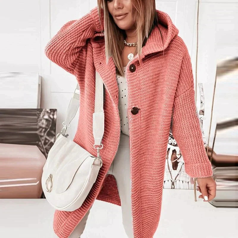 Women's Midi Winter Coat with Hood and Button Closure