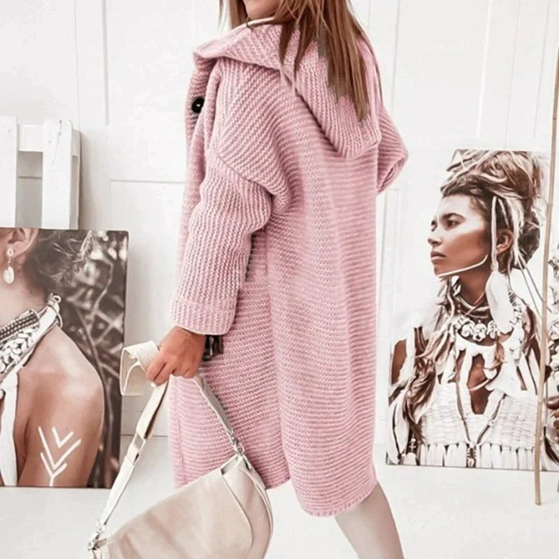 Women's Midi Winter Coat with Hood and Button Closure