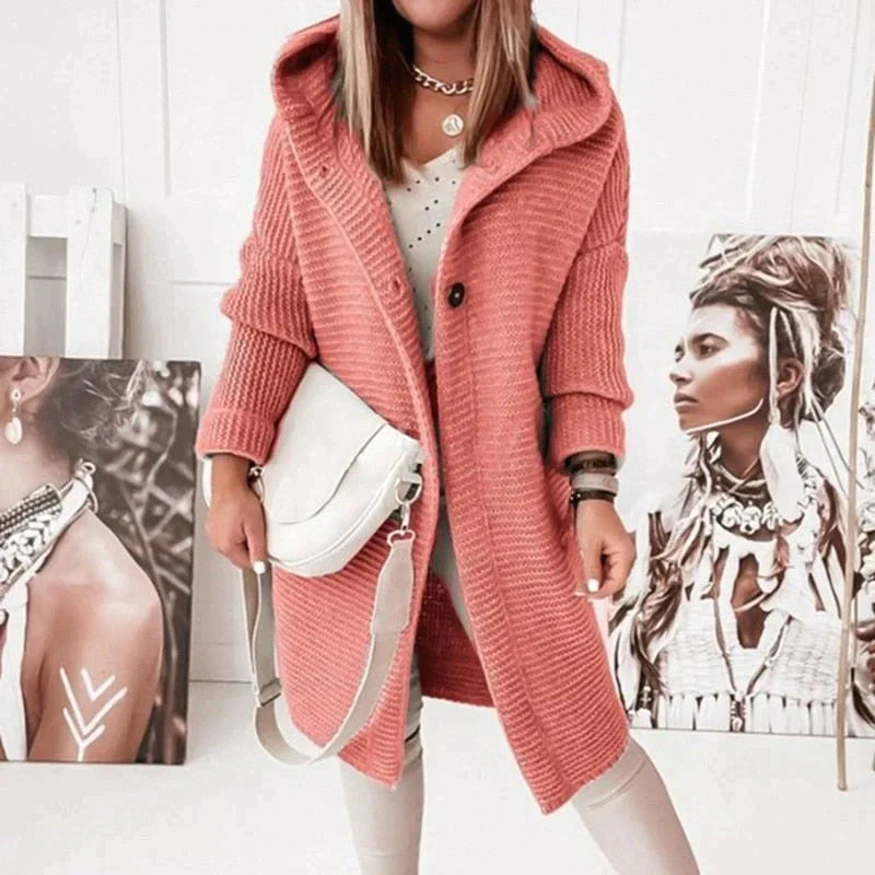 Manteau d'hiver midi pour femmes avec capuche et fermeture à boutons