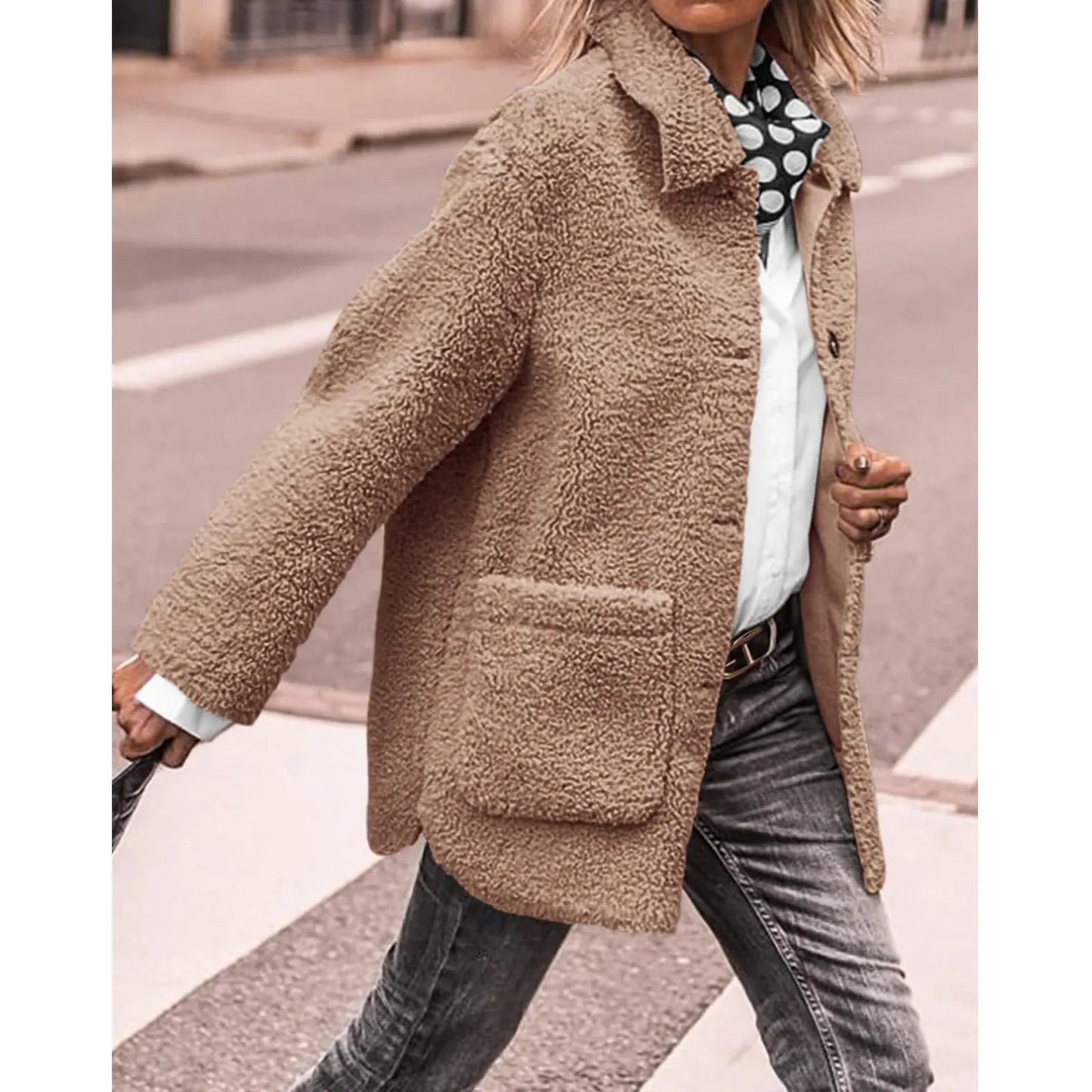 Teddy Winterjas Dames Warm met Knoopsluiting en Grote Zakken