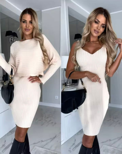 Ribgebreide Co ord Set voor Vrouwen Bodycon Jurk met Cropped Trui