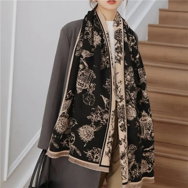 Écharpe pashmina double face luxueuse et douce pour femmes avec imprimé floral