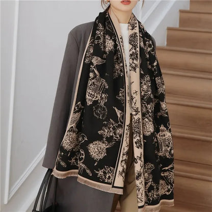 Luxe Zachte Dames Dubbelzijdige Pashmina Sjaal Met Bloemenprint