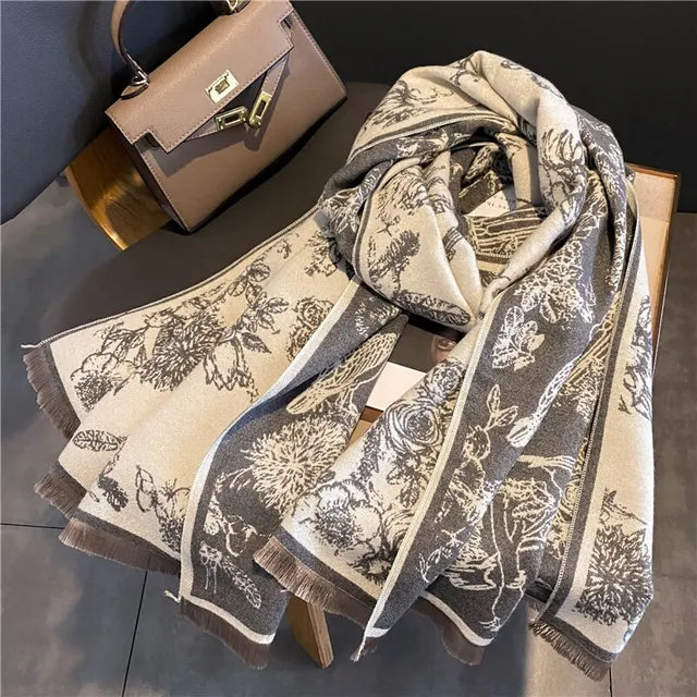 Écharpe pashmina double face luxueuse et douce pour femmes avec imprimé floral