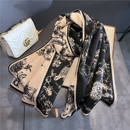 Luxe Zachte Dames Dubbelzijdige Pashmina Sjaal Met Bloemenprint