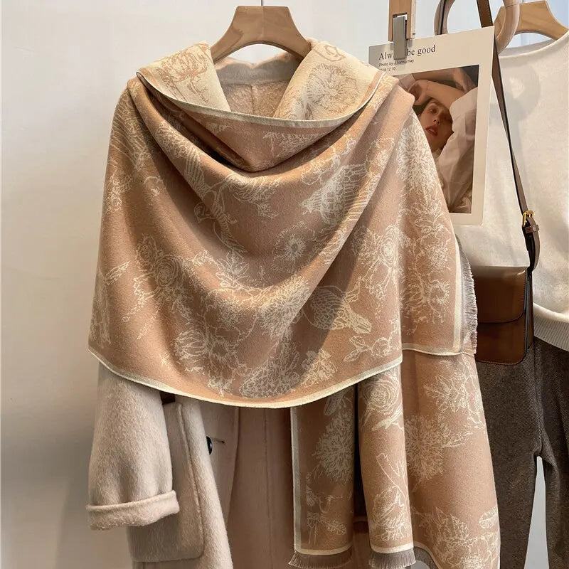 Luxuriously Soft Women's Double-Sided Pashmina Scarf with Floral Print