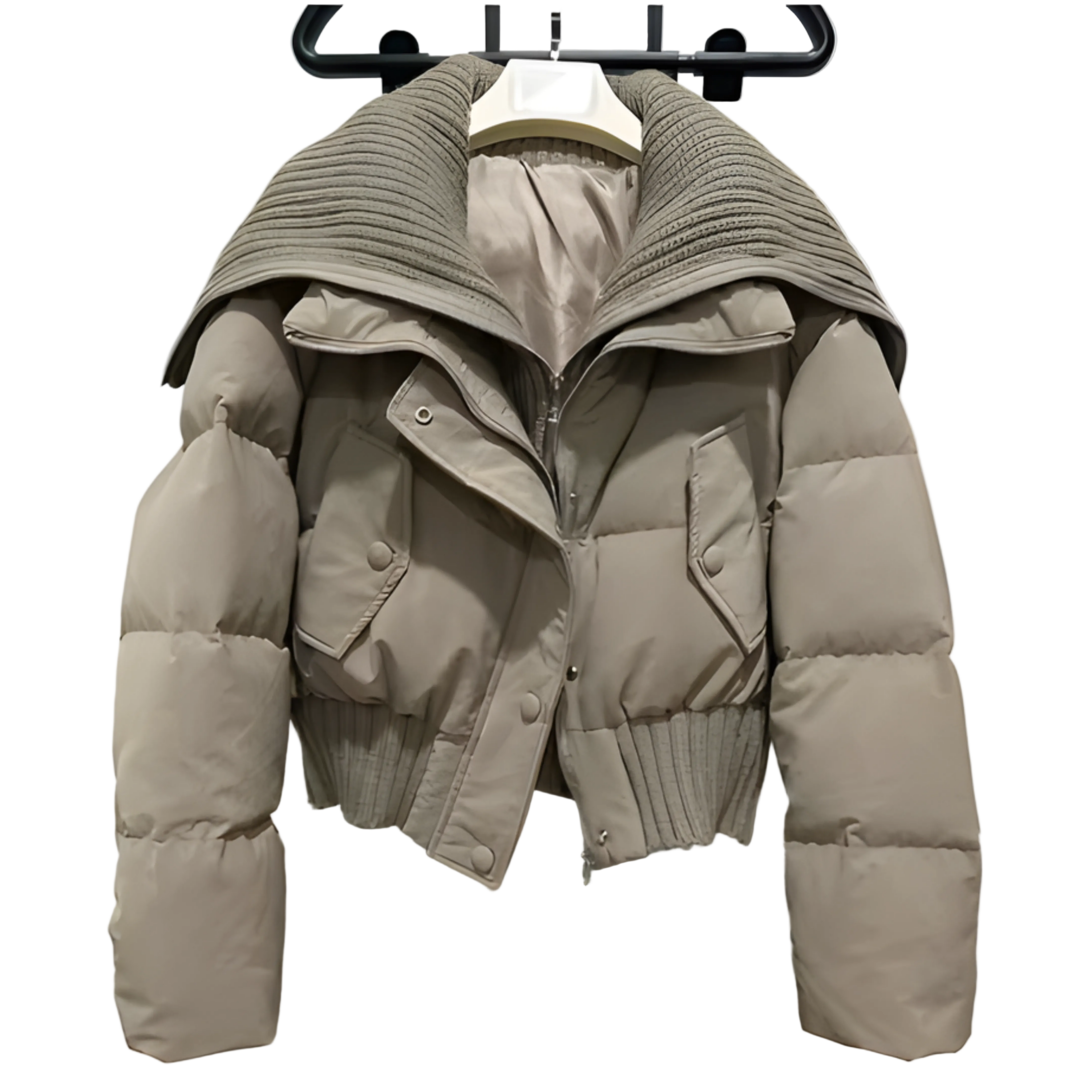 Women's Short Puffer Winter Jacket Quilted with Ribbed Collar