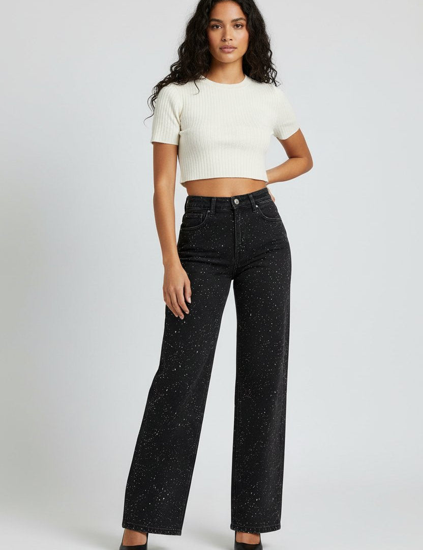 Dames Sprankelende Glitter Jeans met Hoge Taille en Rechte Pijp