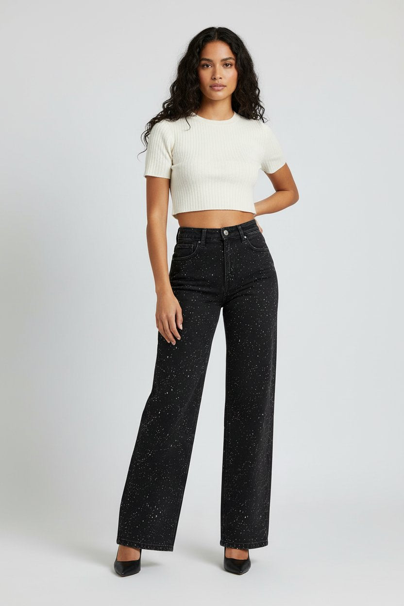 Dames Sprankelende Glitter Jeans met Hoge Taille en Rechte Pijp