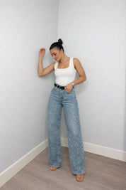 Dames Sprankelende Glitter Jeans met Hoge Taille en Rechte Pijp