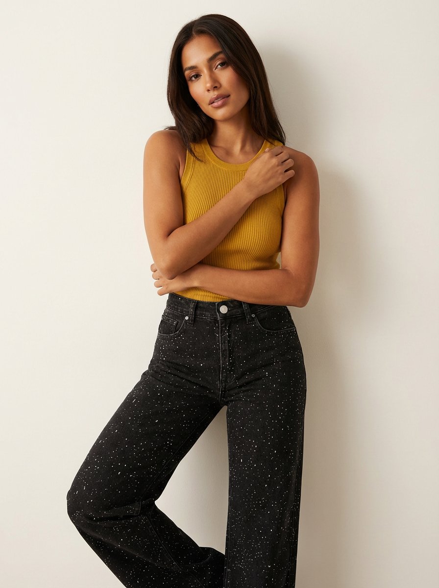 Dames Sprankelende Glitter Jeans met Hoge Taille en Rechte Pijp