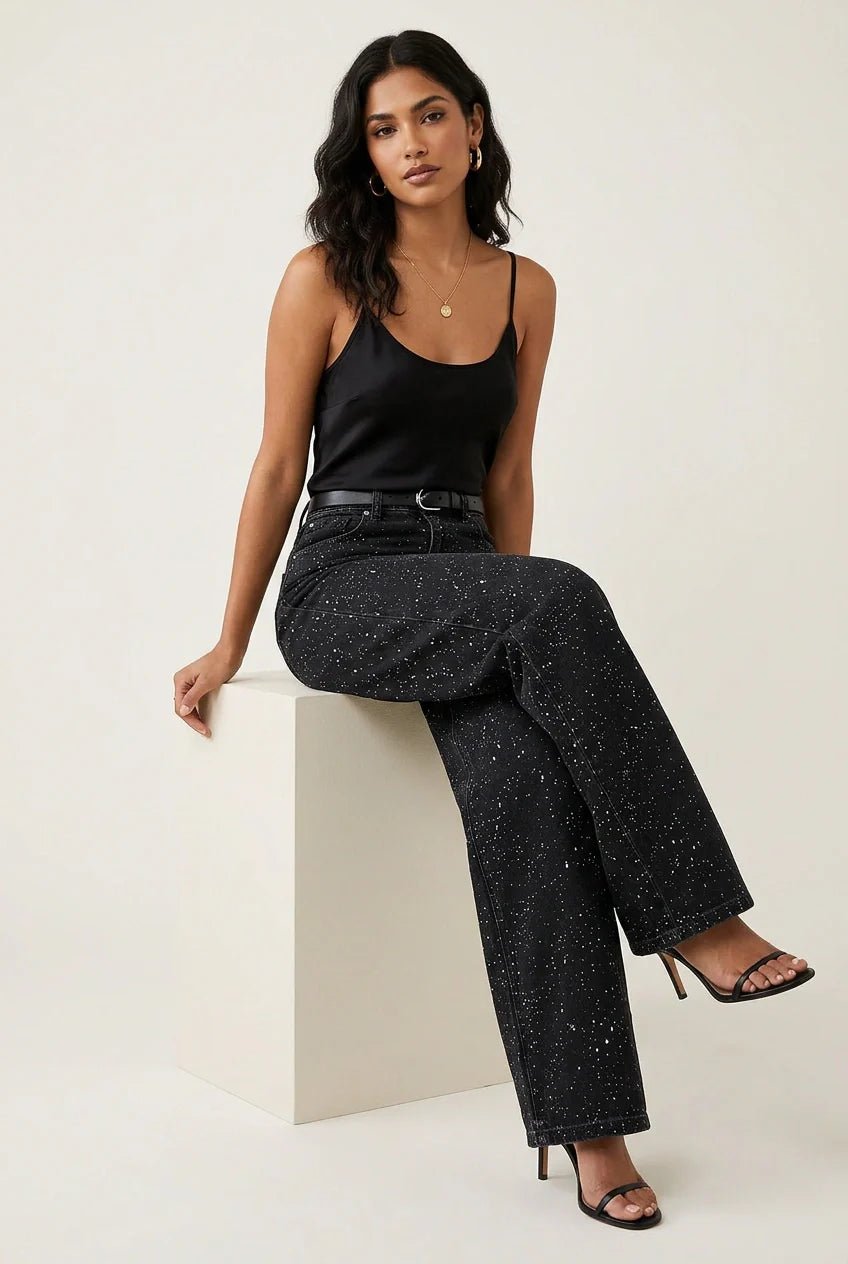 Dames Sprankelende Glitter Jeans met Hoge Taille en Rechte Pijp