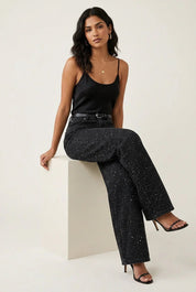 Dames Sprankelende Glitter Jeans met Hoge Taille en Rechte Pijp