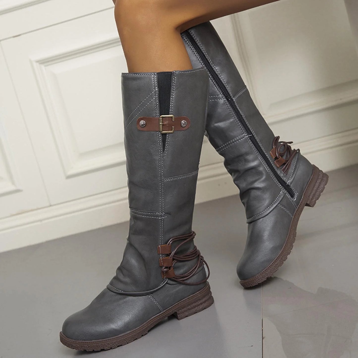 Dames Elegante Comfortabele Knielaarzen Met Gesp En Rits