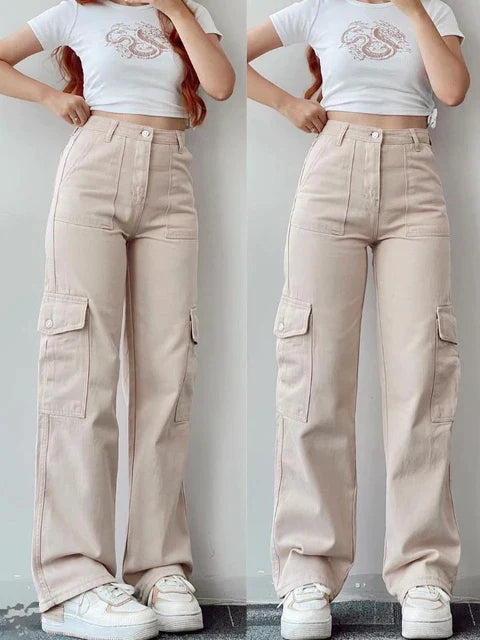 Hoge Taille Cargo Broek Voor Vrouwen Met Wijde Pijpen