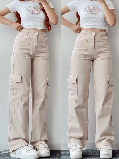 Hoge Taille Cargo Broek Voor Vrouwen Met Wijde Pijpen