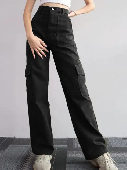 Hoge Taille Cargo Broek Voor Vrouwen Met Wijde Pijpen